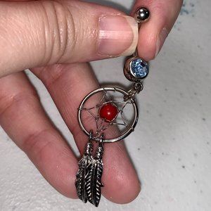 14 Gauge Dream Catcher Belly Ring, Light Blue Gem with dark red bead